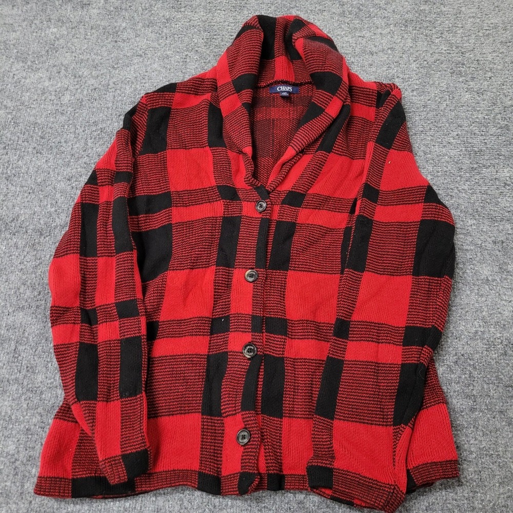 Chaps Cardigan Womens Size L Red Black Buffalo Plaid Shawl Collar Cotton Knit